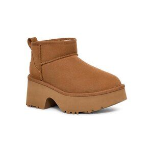 UGG WOMEN'S NEW HEIGHTS ULTRA MINI PLATFORM SUEDE SHEARLING LINED BOOTS CHESTNUT